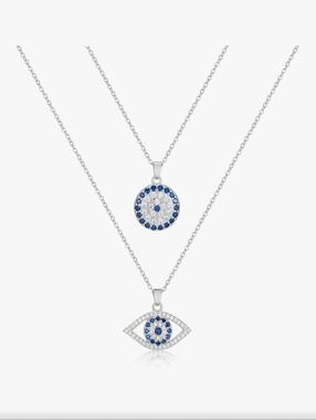 18k Gold Plated Layered Evil Eye Necklace Set with Blue Saphire CZironia Accents